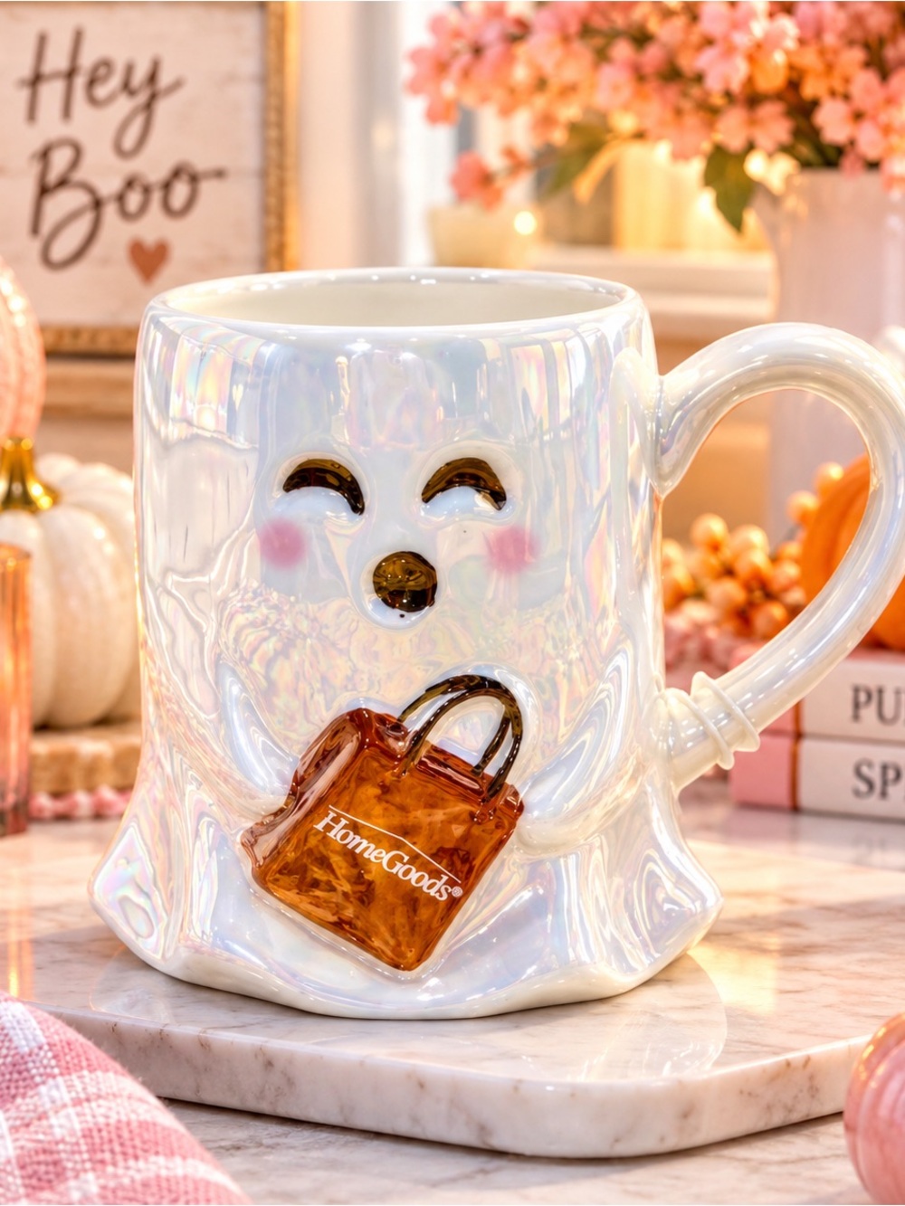 NWT Adorable Iridescent Ghost Mug Holding A HomeGoods Bag
